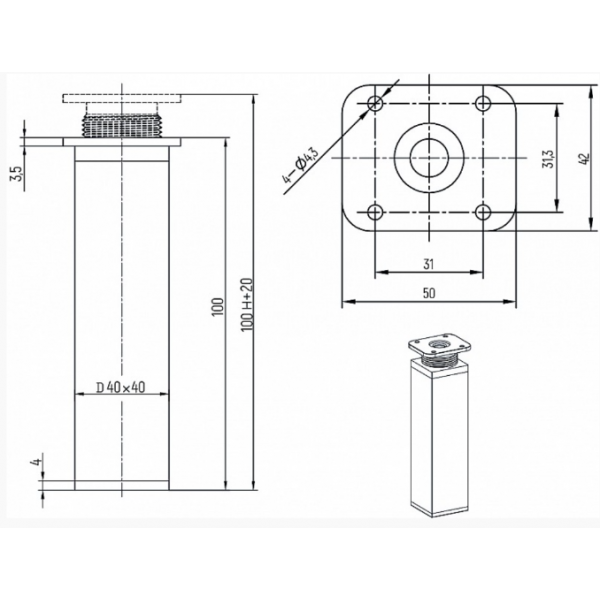 Ніжка меблева (опора) регульована H-100мм, 40*40мм квадратна Біла (MO0153)