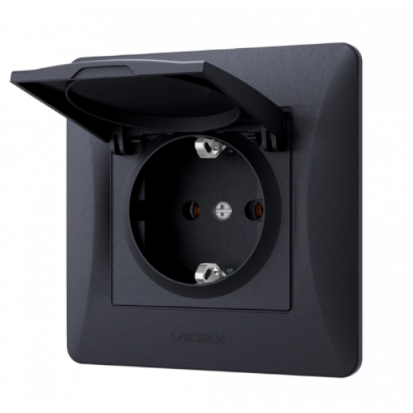 Розетка VIDEX одинарна врізна із заземленням з кришкою 86ммx86мм Чорна (RO1505)
